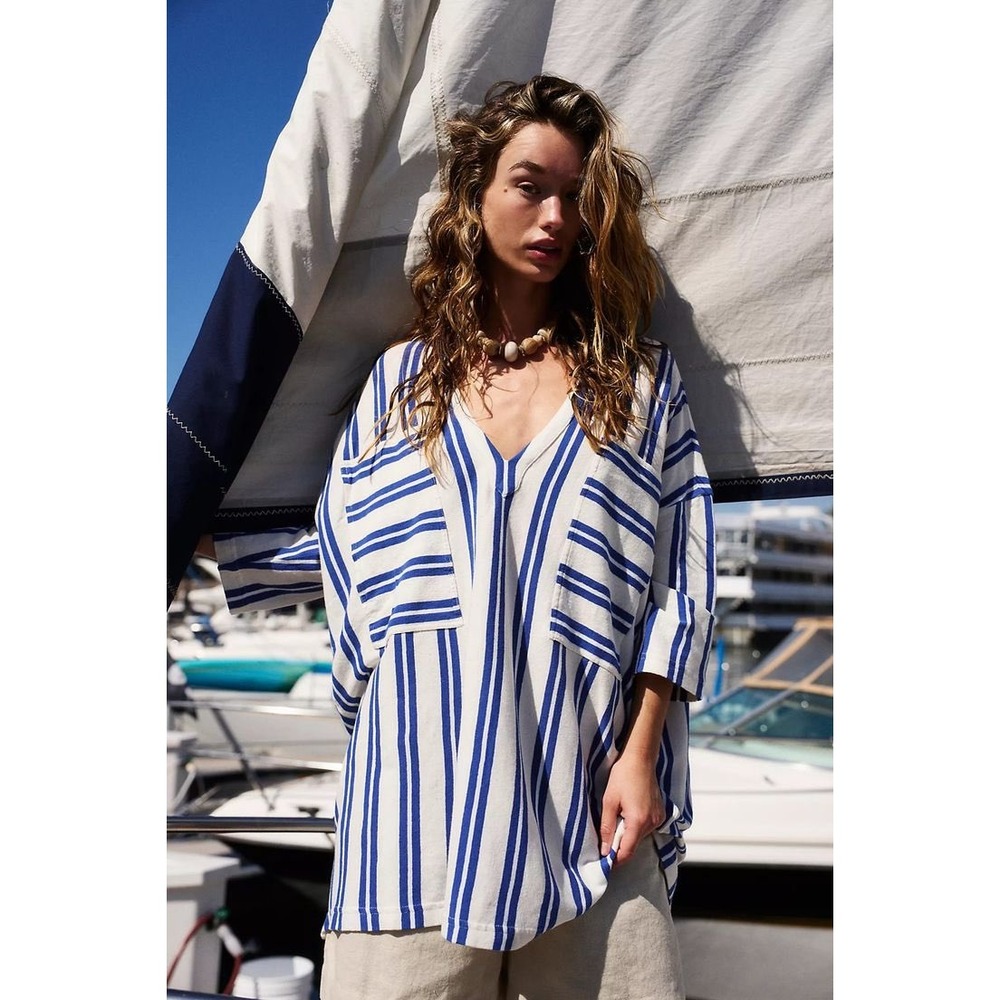 Free People Daya Beach Blue White Striped Oversized V-Neck Tunic Top S/P